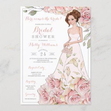 Pink Roses Bride Bridal Shower Invitations
