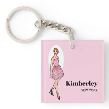 Pink Roses Classic Elegant Cocktail Dress Keychain