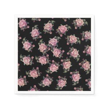 Pink Roses Dark Floral Pattern Shabby Chic Party Napkins