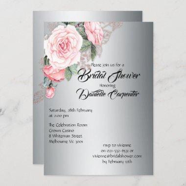 Pink Roses Elegant Silver Bridal Shower Invitations
