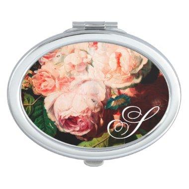 PINK ROSES ,FLOWERS,MORNING GLORIES MONOGRAM COMPACT MIRROR