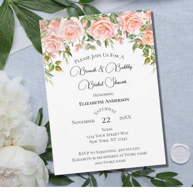 Pink Roses Greenery Brunch Bubbly Bridal Shower Invitations