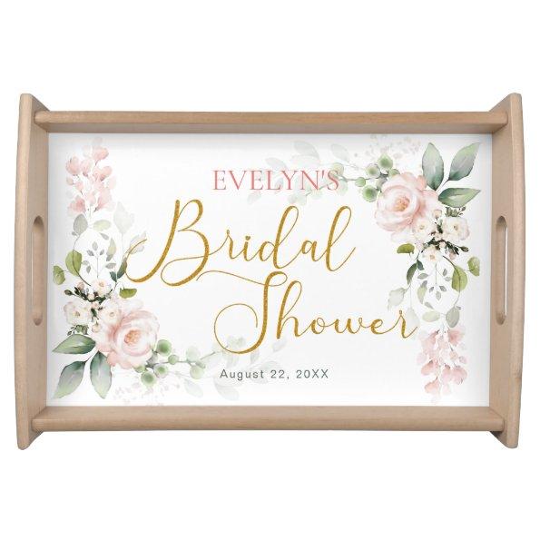 Pink Roses Greenery Foliage Bridal Shower Serving Tray