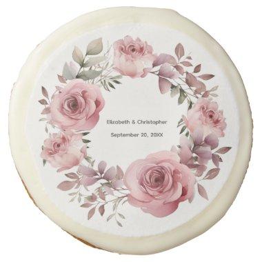 Pink Roses Greenery Watercolor Wedding Anniversary Sugar Cookie