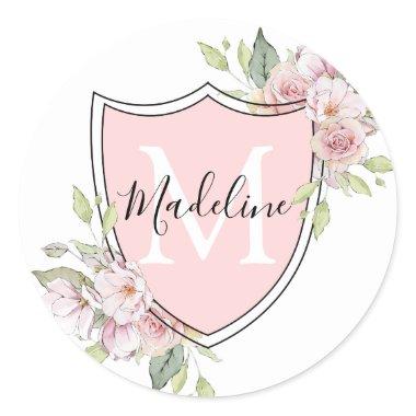 Pink Roses Monogram Name Crest Classic Round Sticker