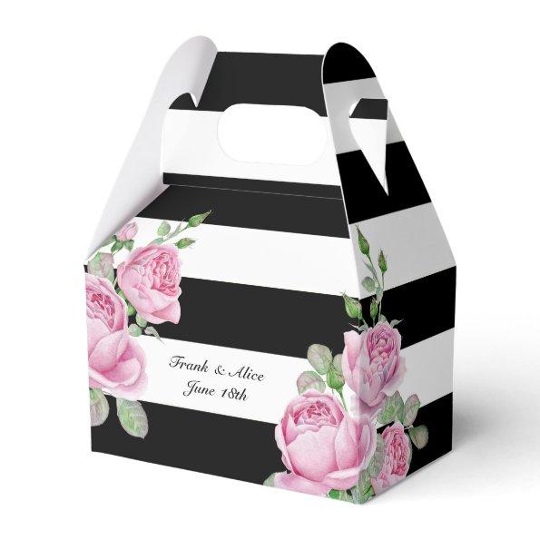 Pink Roses on Black Stripes Custom Favor Box