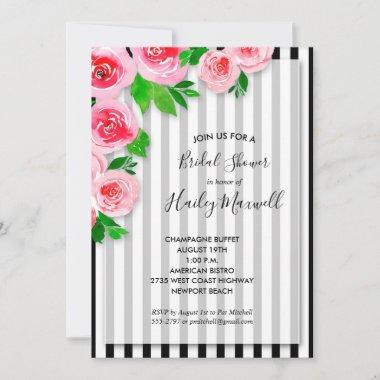 Pink Roses on Stripes Bridal Shower Invitations