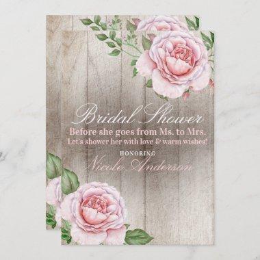 Pink Roses Shabby Chic White Rustic Bridal Shower Invitations