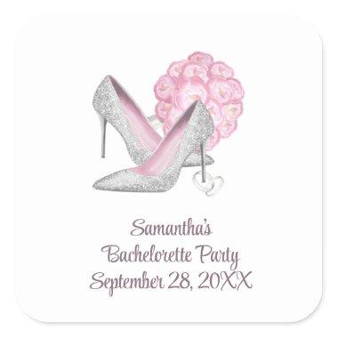 Pink Roses Silver Heels Glam Bachelorette Party Square Sticker