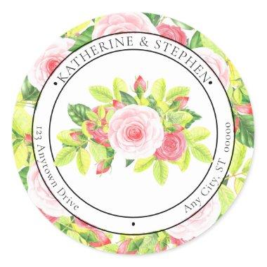 Pink Roses Watercolor Boho Floral Return Address Classic Round Sticker