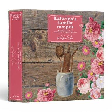 Pink Roses Wood Kitchen Utensils Family Recipe 3 Ring Binder