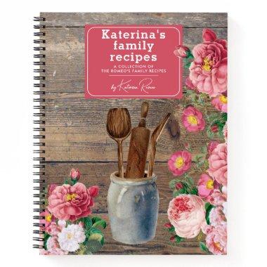 Pink Roses Wood Kitchen Utensils Family Recipe Notebook