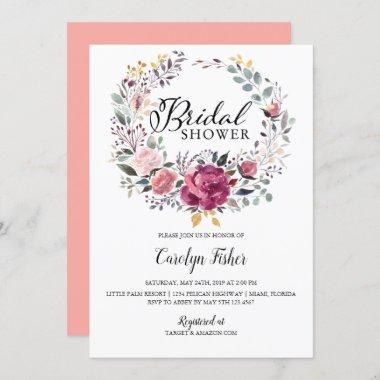 PInk Roses Wreath Bridal Shower Invitations