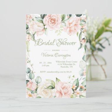 Pink & Sage Green Floral Elegant Bridal Shower Invitations
