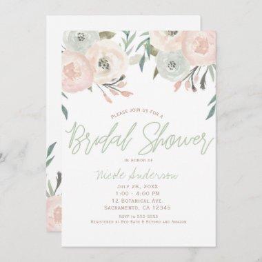 Pink & Sage Mint Green Modern Floral Bridal Shower Invitations