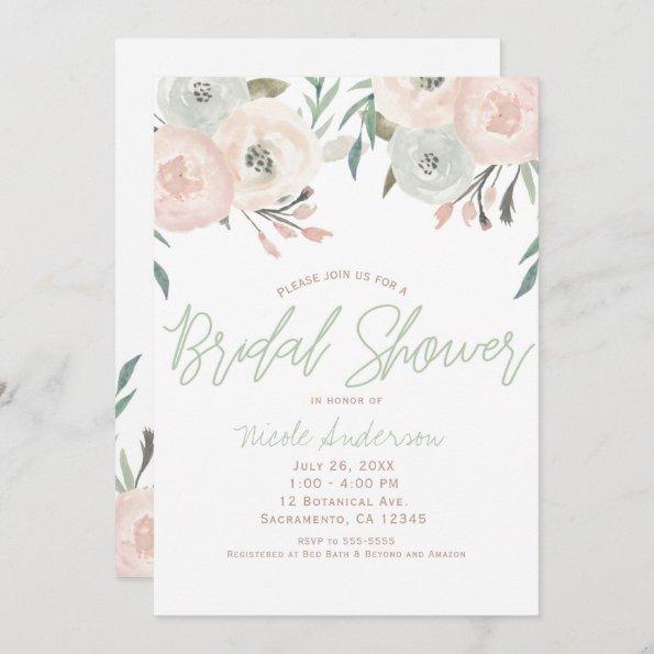 Pink & Sage Mint Green Modern Floral Bridal Shower Invitations