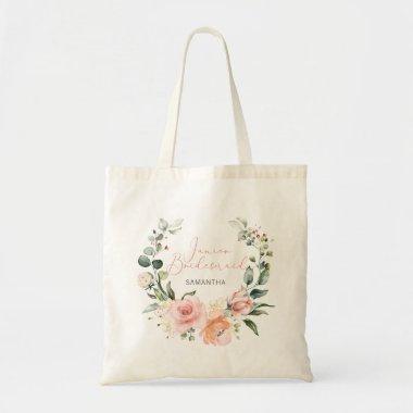 Pink Script Watercolor Floral Wreath Jr Bridesmaid Tote Bag