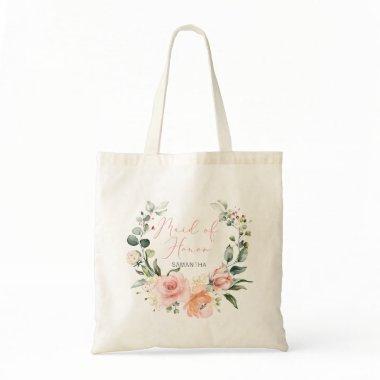 Pink Script Watercolor Floral Wreath Maid of Honor Tote Bag