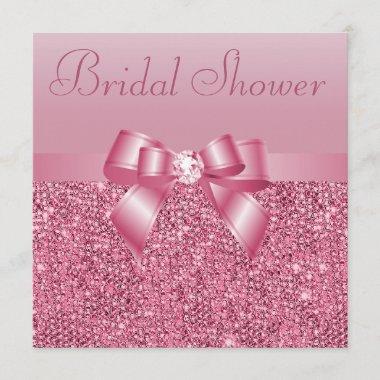 Pink Sequins, Bow & Diamond Bridal Shower Invitations