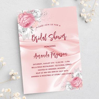 Pink silk florals white roses luxury Bridal Shower Invitations