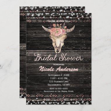 Pink Silver Boho Floral Skull Rustic Bridal Shower Invitations