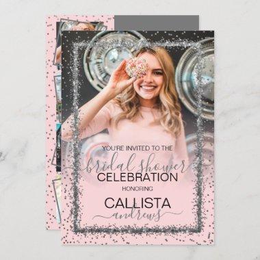 Pink Silver Confetti Border Photo Bridal Shower Invitations