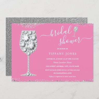 Pink Silver Diamond Bubbly Bridal Shower Invitations