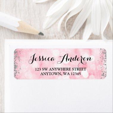 Pink Silver Faux Glitter Lights Return Address Label