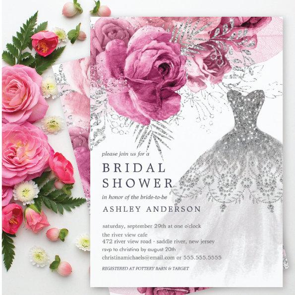 Pink & Silver Floral Wedding Dress Bridal Shower Invitations