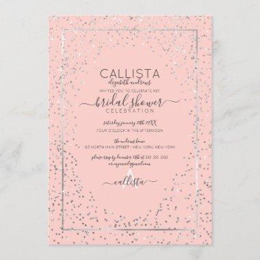 Pink Silver Glitter Confetti Border Bridal Shower Invitations