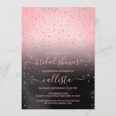 Pink Silver Glitter Confetti Bridal Shower Invitations