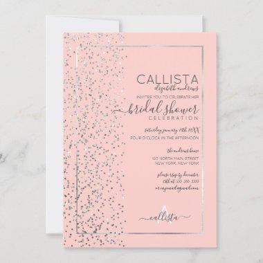 Pink Silver Glitter Confetti Side Bridal Shower Invitations