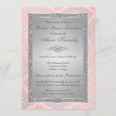 Pink, Silver Glitter Damask Bridal Shower Invite