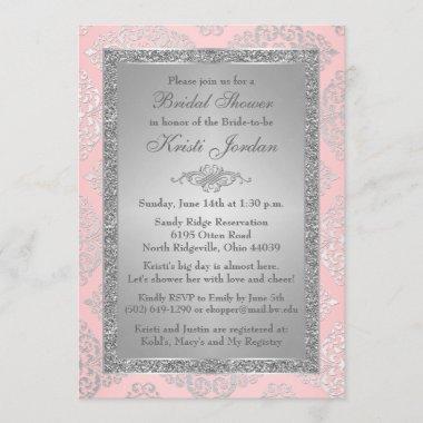 Pink, Silver Glitter Damask Bridal Shower Invite
