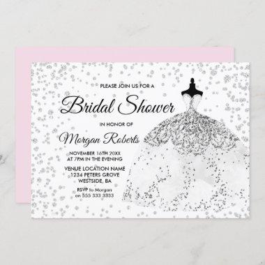 Pink & Silver Glitter Dress Bridal Shower Invite