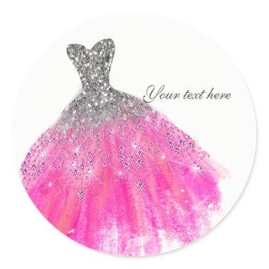 Pink & Silver Glitter Glam Dress Bridal Shower Classic Round Sticker