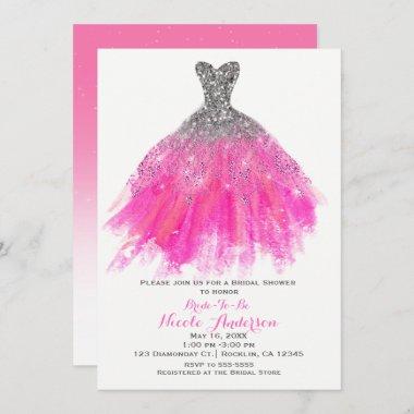 Pink & Silver Glitter Glam Dress Bridal Shower Invitations