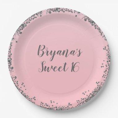 Pink Silver Glitter Glam Edge Sweet 16 Party Paper Plates