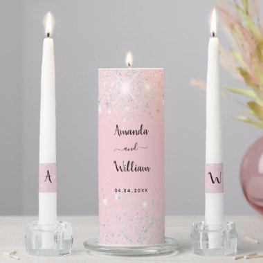 Pink silver glitter names elegant wedding unity candle set