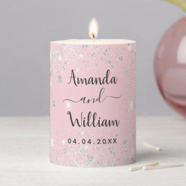 Pink silver glitter names wedding pillar candle