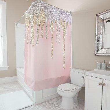 *~* Pink Silver + Gold Drip Dripping GLITTER AP7 Shower Curtain