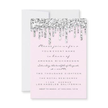 Pink Silver Gray Glitter Effect Drips Bridal Invitations