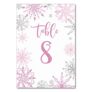 Pink Silver Snowflakes baby shower Eight Table Number
