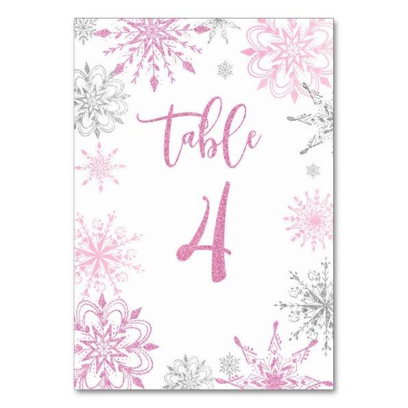 Pink Silver Snowflakes baby shower Four Table Number