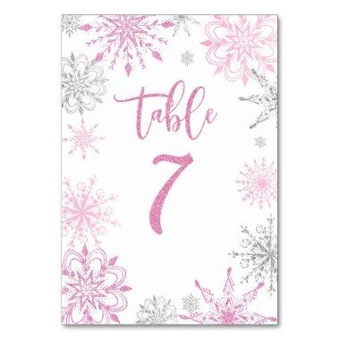 Pink Silver Snowflakes baby shower Seven Table Number