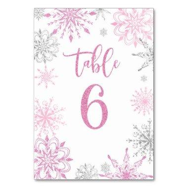 Pink Silver Snowflakes baby shower Six Table Number