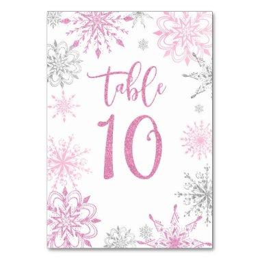 Pink Silver Snowflakes baby shower Ten Table Number