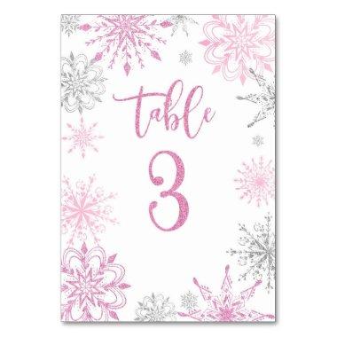 Pink Silver Snowflakes baby shower Three Table Number