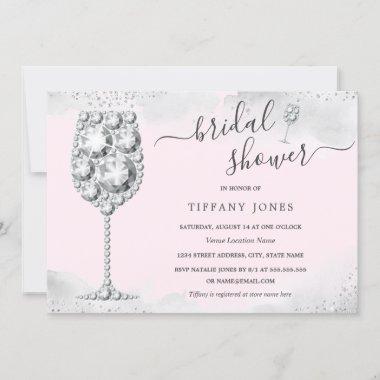 Pink Silver Sparkle Diamond Bubbly Bridal Shower Invitations