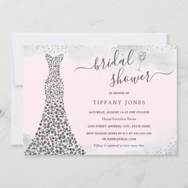 Pink Silver Sparkle Diamond Dress Bridal Shower Invitations
